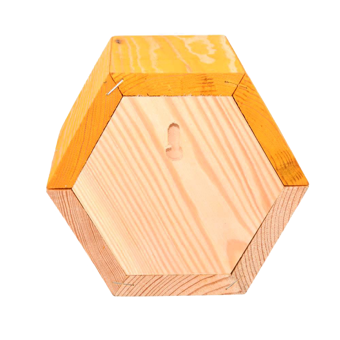 Handcrafted hexagonal pine wood bee house with paper straw nesting tubes, designed to shelter beneficial bees in farm, garden, and outdoor settings, featured in Best Sellers.