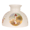 Opaque white glass lamp shade featuring a painted lighthouse scene with trees and a sunset sky, handcrafted accessory for Lamps & Lighting, Parts and Accessories, Lamp Shades collections.