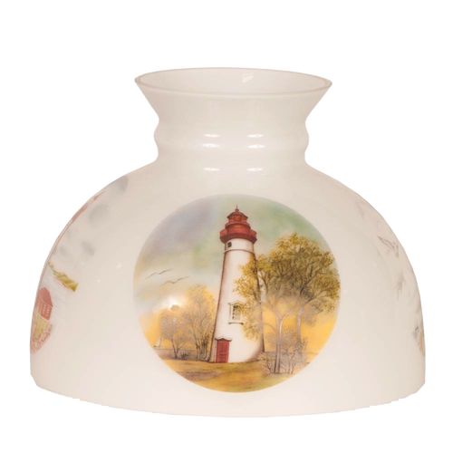 Opaque white glass lamp shade featuring a painted lighthouse scene with trees and a sunset sky, handcrafted accessory for Lamps & Lighting, Parts and Accessories, Lamp Shades collections.