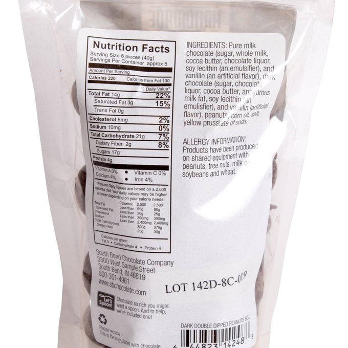 Resealable bag of handcrafted double dipped chocolate peanuts made in USA, featuring fresh roasted peanuts covered in rich chocolate, suitable for Kitchen & Food, Snacks and Sweets, Candy, and Best Sellers collections.