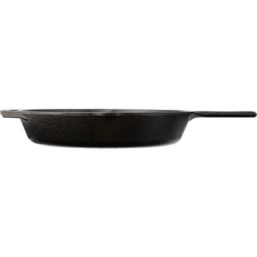 Side view of a handcrafted black cast iron skillet with seasoned finish, designed for even heating and durability, featured in Kitchen & Food, Cookware, Cast Iron, USA Made, and Best Sellers collections.