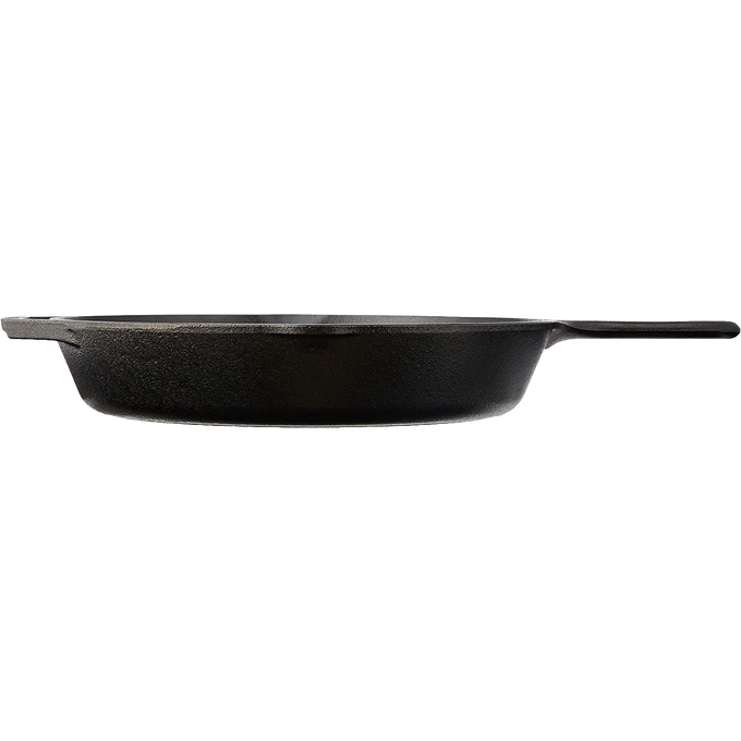 Side view of a handcrafted black cast iron skillet with seasoned finish, designed for even heating and durability, featured in Kitchen & Food, Cookware, Cast Iron, USA Made, and Best Sellers collections.
