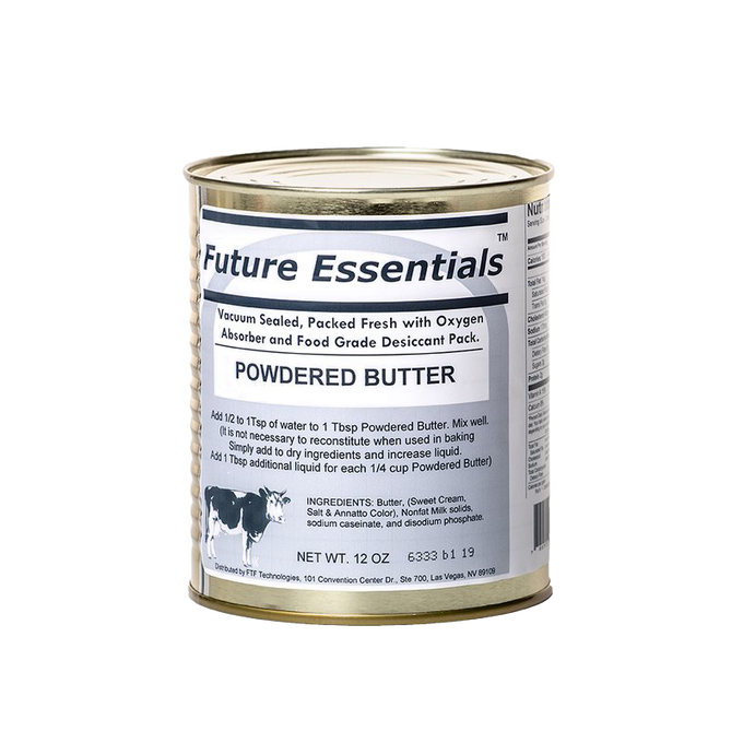 12 oz can of powdered butter with vacuum-sealed packaging, oxygen absorber, and detailed instructions, ideal for pantry, emergency supplies, Farm, Garden & Tool, Kitchen & Food, USA Made, and Best Sellers collections.
