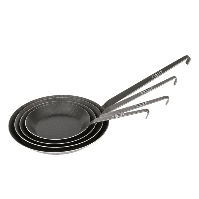 Stack of four handcrafted wrought iron pans with long hooks on handles, featuring textured surfaces for even cooking, ideal for Farm, Garden & Tool, Kitchen & Food, Camping, Cookware, Pots and Pans, Best Sellers, and Promo Eligible collections.