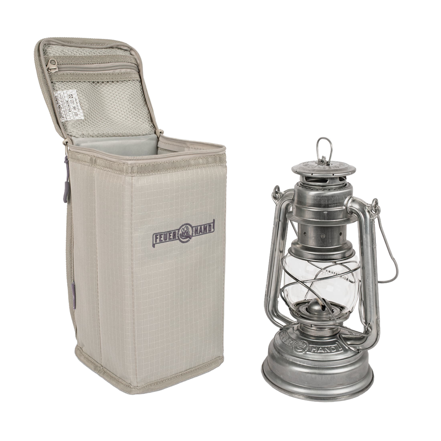 Beige padded nylon carry case with reinforced inlay and zippered pocket, designed for safely transporting lanterns, ideal for camping, emergency supplies, and outdoor lighting.