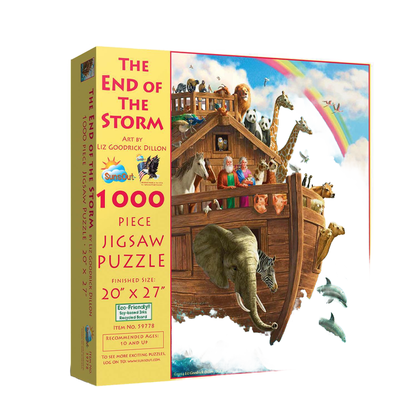 Handcrafted 1000-piece jigsaw puzzle featuring a vibrant Noah's Ark scene with diverse animals and a rainbow, made in USA, perfect for Toys, Books & Games and Puzzles collections.