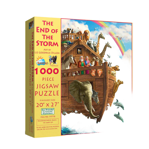 Handcrafted 1000-piece jigsaw puzzle featuring a vibrant Noah's Ark scene with diverse animals and a rainbow, made in USA, perfect for Toys, Books & Games and Puzzles collections.