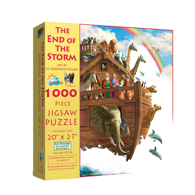 Handcrafted 1000-piece jigsaw puzzle featuring a vibrant Noah's Ark scene with diverse animals and a rainbow, made in USA, perfect for Toys, Books & Games and Puzzles collections.