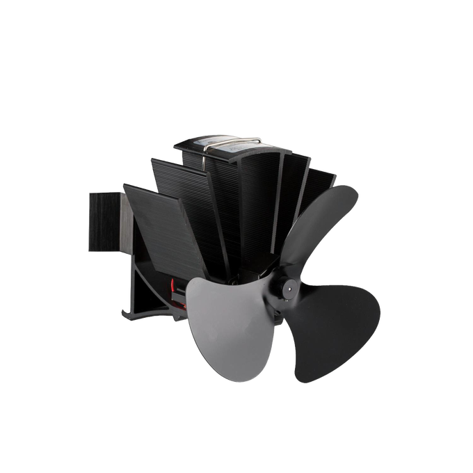 Compact heat-powered magnetic stove fan with three black blades and metal fins, designed to efficiently circulate warm air in stoves and hearths, featured in Best Sellers collections.