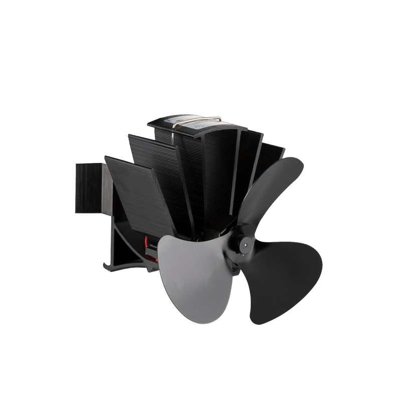 Compact heat-powered magnetic stove fan with three black blades and metal fins, designed to efficiently circulate warm air in stoves and hearths, featured in Best Sellers collections.