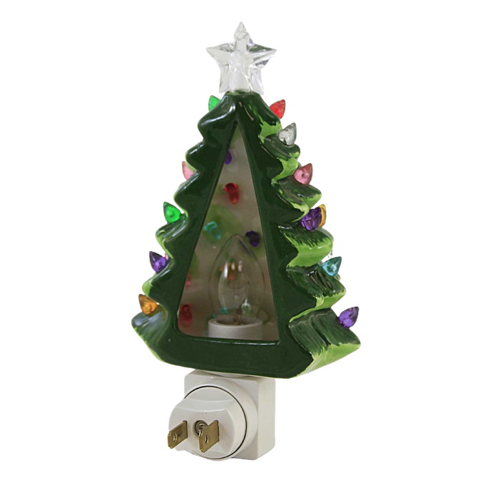 Handcrafted ceramic vintage-style tree nightlight with multicolored bulbs and a clear star topper, perfect for Home & Decor, Holiday Decor, Best Sellers, and Promo Eligible collections.