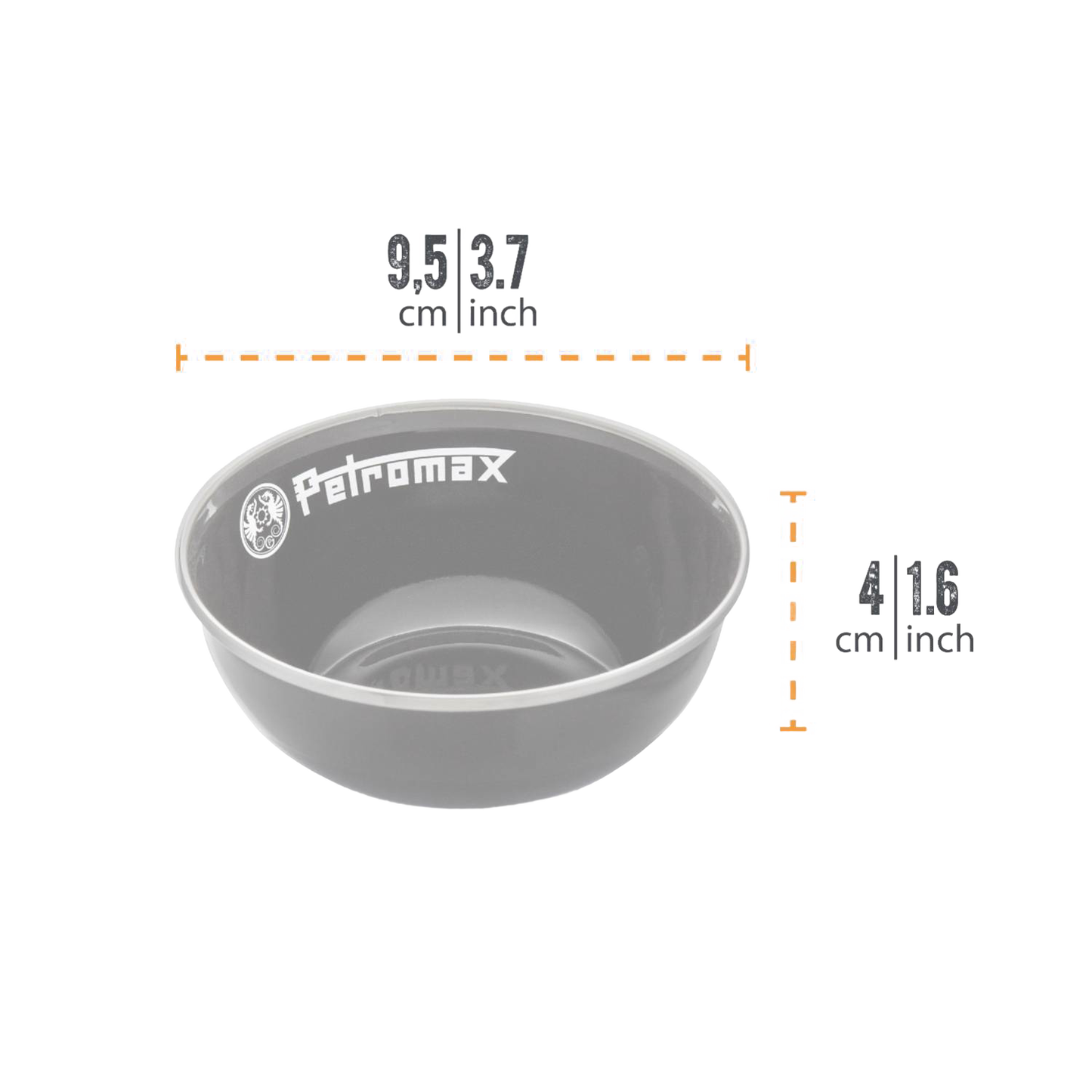 Gray enamel bowl with white Petromax logo, designed for durability and resistance to corrosion, heat, and scratches, ideal for camping, kitchen, and outdoor use in Farm, Garden & Tool, Kitchen & Food, Camping, Dinnerware, Best Sellers, and Promo Eligible collections.