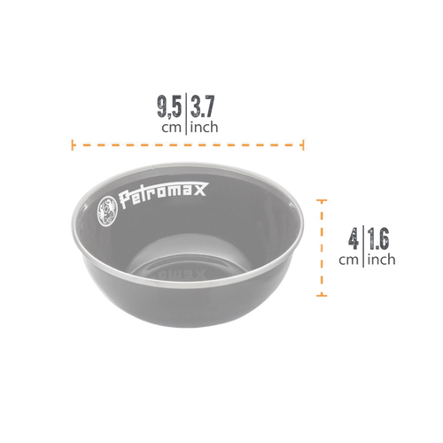 Gray enamel bowl with white Petromax logo, designed for durability and resistance to corrosion, heat, and scratches, ideal for camping, kitchen, and outdoor use in Farm, Garden & Tool, Kitchen & Food, Camping, Dinnerware, Best Sellers, and Promo Eligible collections.