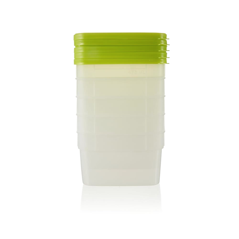 Set of durable 1-pint freezer storage containers with green lids, featuring quantity markings, BPA-free plastic, ideal for Kitchen & Food, Food Preservation, and USA Made collections.