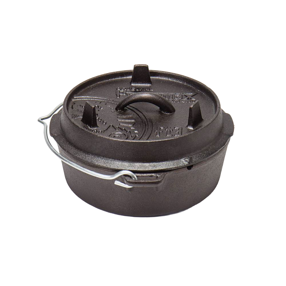 Heavy-duty cast iron Dutch oven with flat base and secure lid featuring raised feet for heat circulation, ideal for open-air and kitchen cooking, featured in Kitchen & Food, Cookware, Cast Iron, Best Sellers, and Promo Eligible collections.
