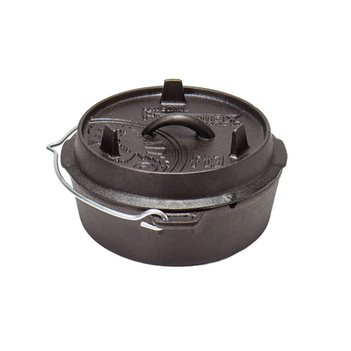 Heavy-duty cast iron Dutch oven with flat base and secure lid featuring raised feet for heat circulation, ideal for open-air and kitchen cooking, featured in Kitchen & Food, Cookware, Cast Iron, Best Sellers, and Promo Eligible collections.