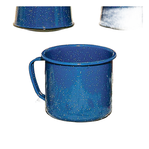 Royal blue enamel-coated steel giant mug with white speckled pattern, durable and weather resistant, perfect for camping, kitchen, and farm use in Best Sellers and Dinnerware collections.