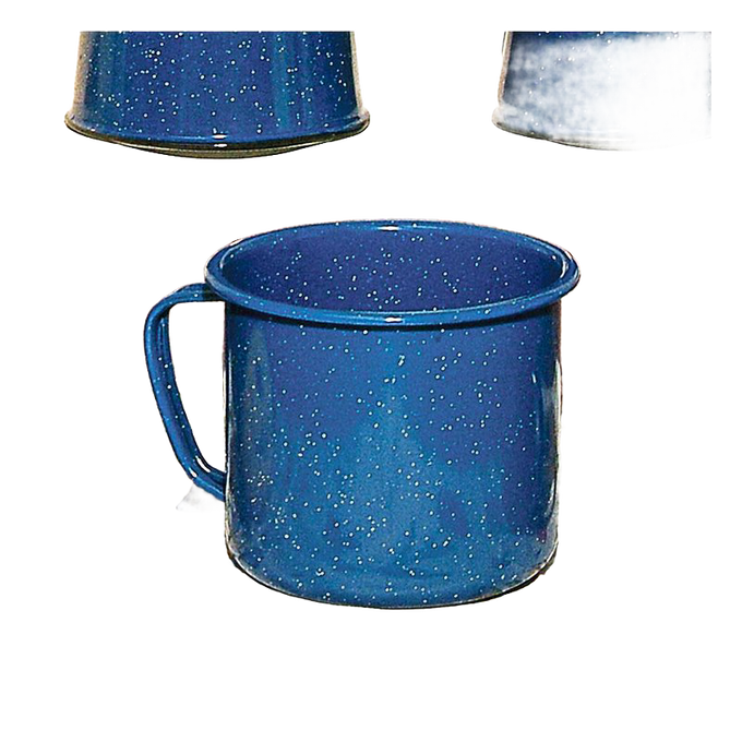 Royal blue enamel-coated steel giant mug with white speckled pattern, durable and weather resistant, perfect for camping, kitchen, and farm use in Best Sellers and Dinnerware collections.