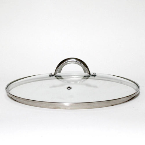 Clear glass lid with stainless steel rim and attached round handle, designed for stovetop steam juicer use, featured in Kitchen & Food, Juicers and Steamers, Best Sellers, and Promo Eligible collections.