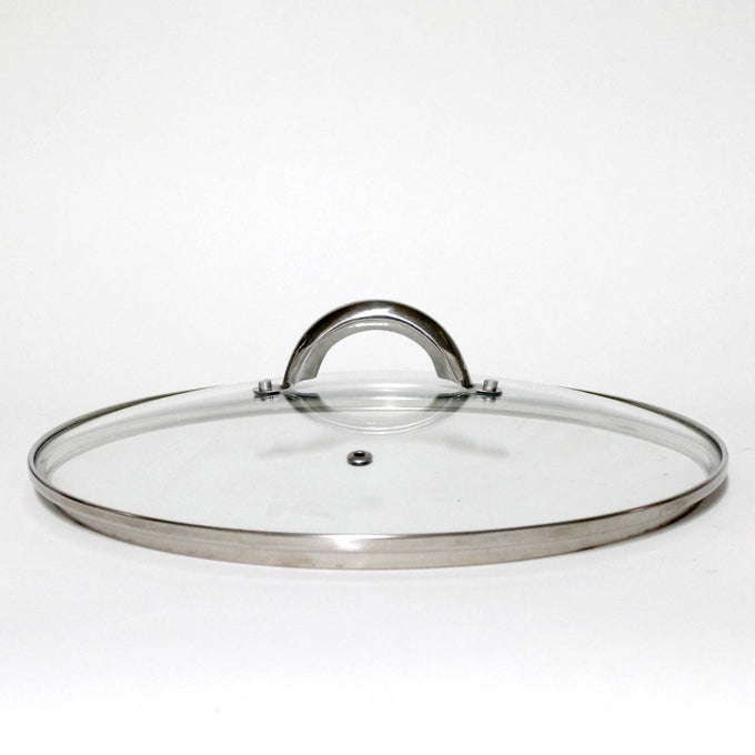 Clear glass lid with stainless steel rim and attached round handle, designed for stovetop steam juicer use, featured in Kitchen & Food, Juicers and Steamers, Best Sellers, and Promo Eligible collections.