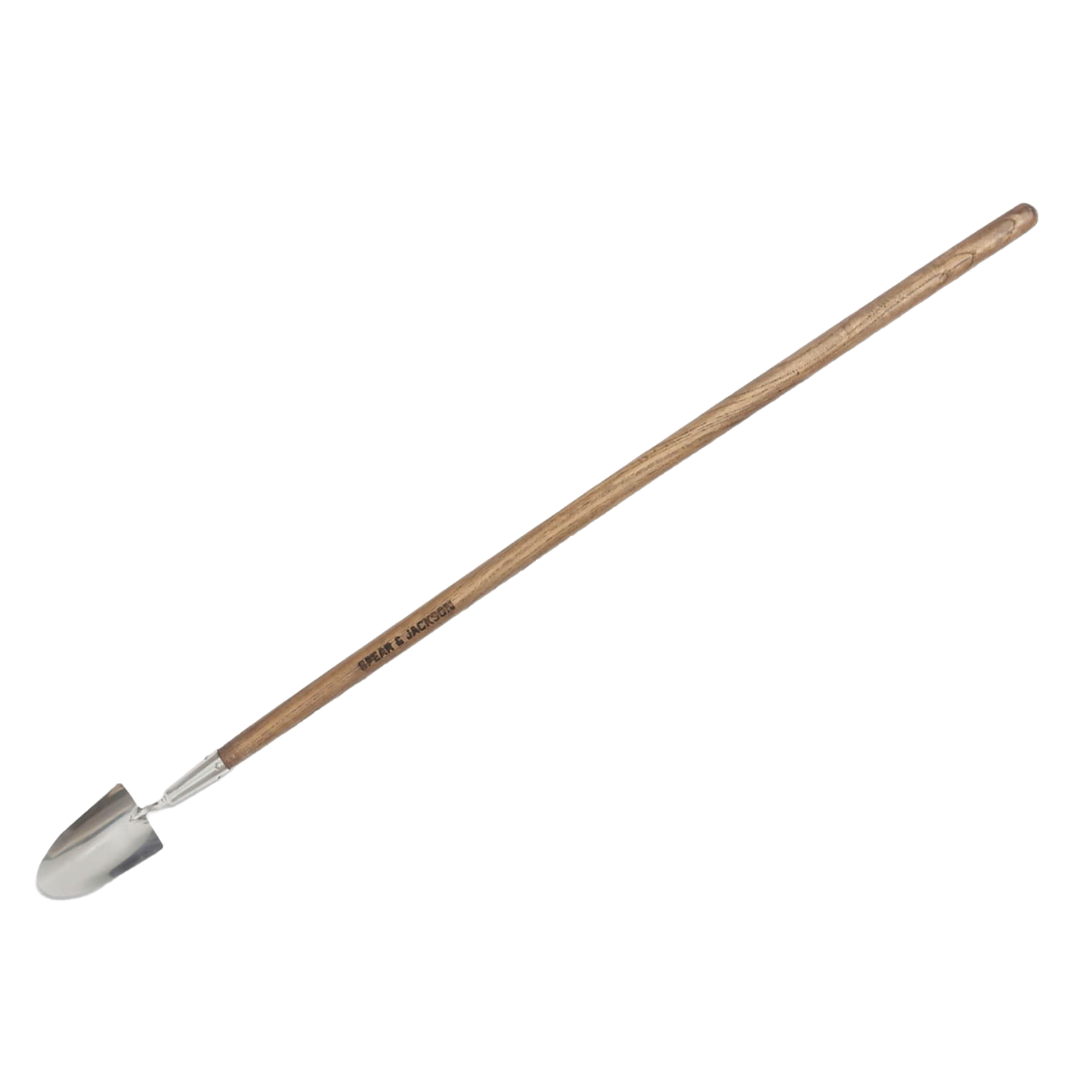 Long-handled garden trowel with a mirror-polished stainless steel blade and a durable wooden handle, designed for easy soil turning and digging in farm and garden tool collections.