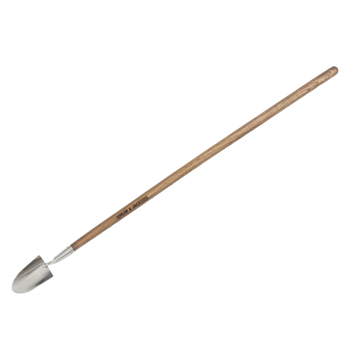 Long-handled garden trowel with a mirror-polished stainless steel blade and a durable wooden handle, designed for easy soil turning and digging in farm and garden tool collections.