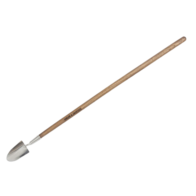Long-handled garden trowel with a mirror-polished stainless steel blade and a durable wooden handle, designed for easy soil turning and digging in farm and garden tool collections.