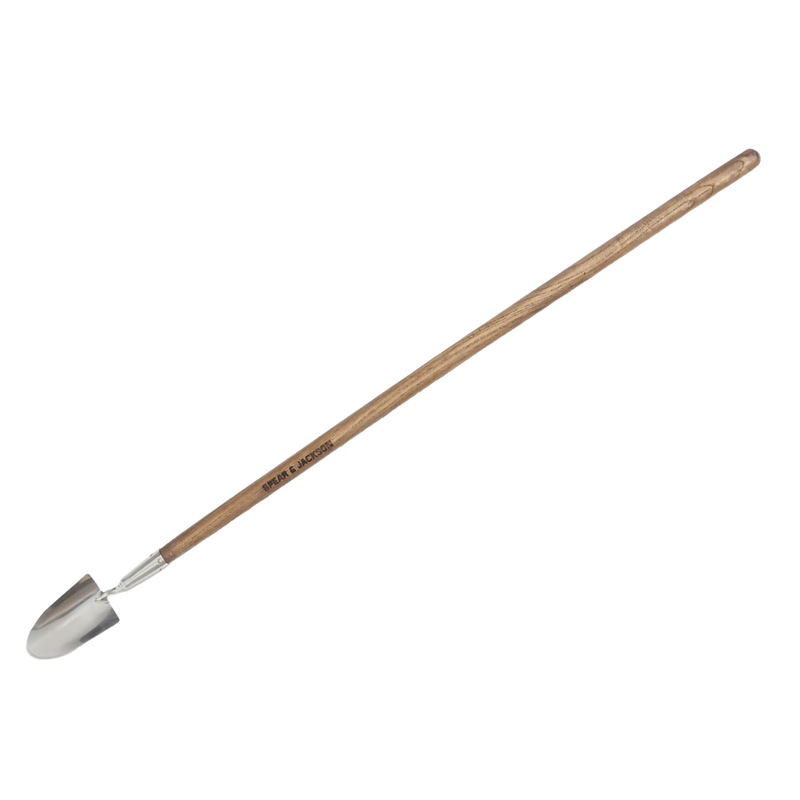 Long-handled garden trowel with a mirror-polished stainless steel blade and a durable wooden handle, designed for easy soil turning and digging in farm and garden tool collections.