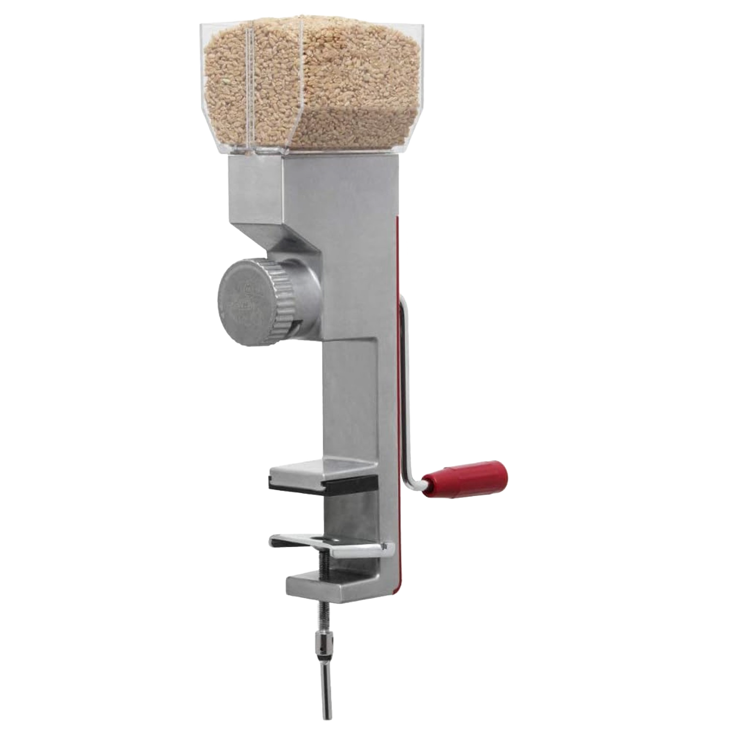 Compact stainless steel grain mill with hand crank and adjustable grind dial, designed for efficient flour grinding from various grains, featured in Kitchen & Food and Grain Mills collections.