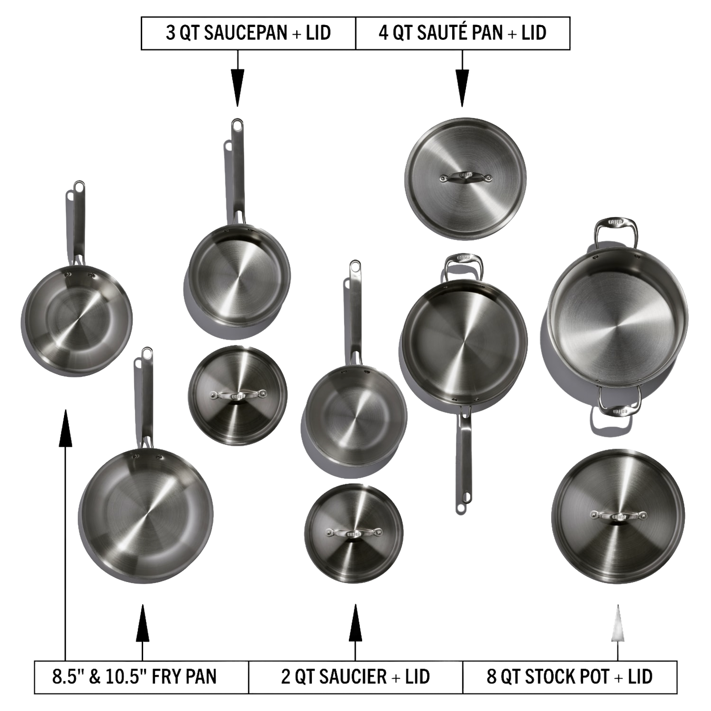 Set of handcrafted fully clad stainless steel cookware pieces including 8.5" and 10.5" fry pans, 2-qt saucier and lid, 3-qt saucepan and lid, and 4-qt sauté pan with lid, ideal for Kitchen & Food, Cookware, Pots and Pans, Best Sellers, and Promo Eligible collections.