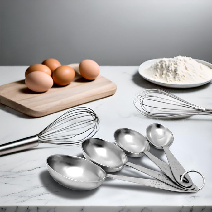 Set of four large stainless steel measuring scoops on a marble countertop with two wire whisks, a plate of flour, and a wooden board holding six brown eggs, ideal for Kitchen & Food, Baking Supplies, and Food Prep collections.