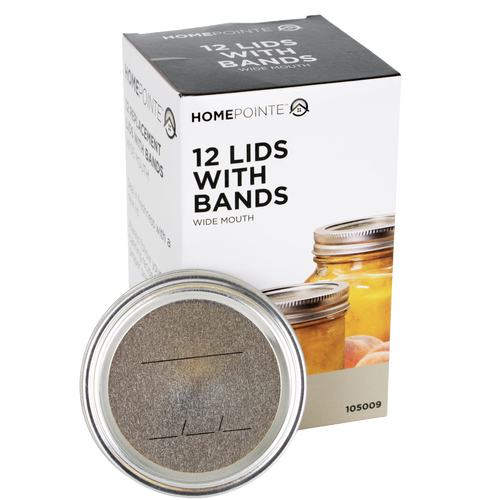 Box containing 12 wide-mouth jar lids with metal screw bands displayed alongside a single lid, designed for food preservation in kitchen and canning collections.