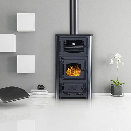 Compact black wood-burning cookstove with visible fire, sleek chimney pipe, and minimalist room decor, highlighting a handcrafted Amish-made design from the Best Sellers collection.