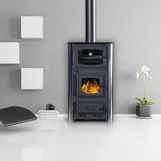 Compact black wood-burning cookstove with visible fire, sleek chimney pipe, and minimalist room decor, highlighting a handcrafted Amish-made design from the Best Sellers collection.