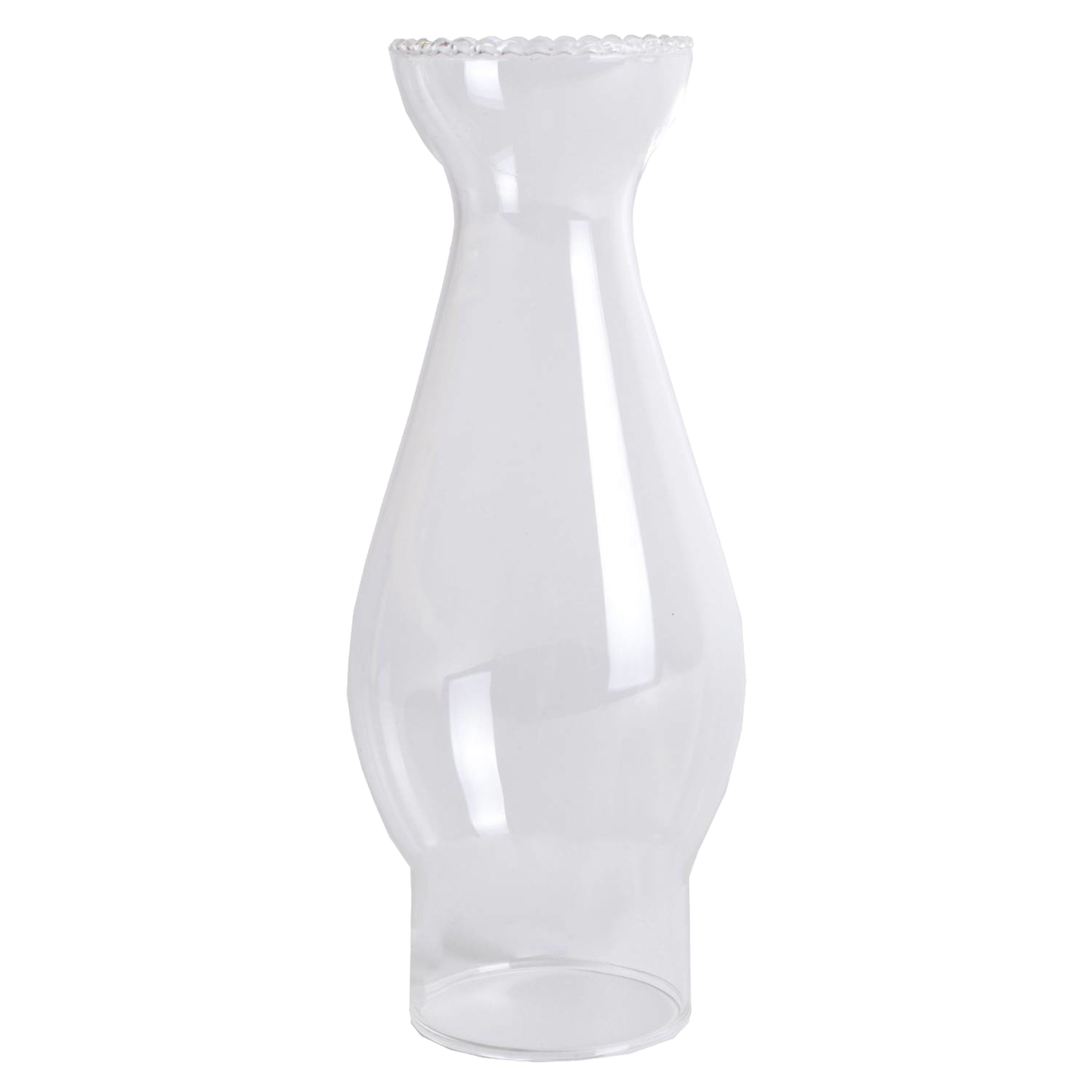 Clear, handblown glass lamp chimney with crimped top and 2-inch base, designed for lamps and lighting, parts and accessories, chimneys and globes, and best sellers collections.