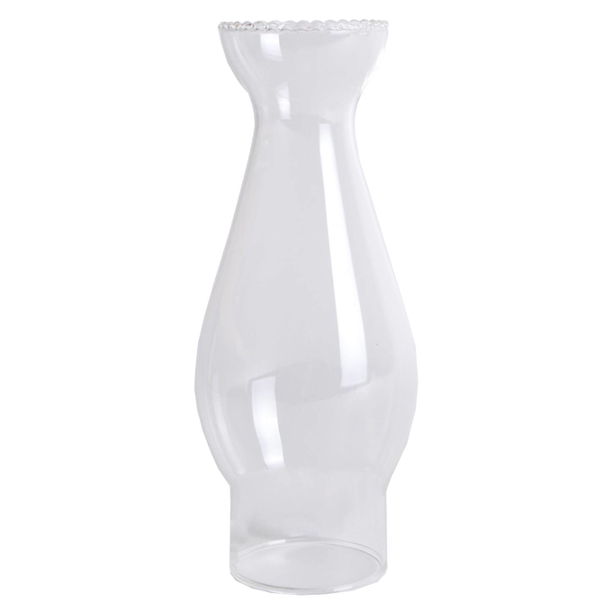 Clear, handblown glass lamp chimney with crimped top and 2-inch base, designed for lamps and lighting, parts and accessories, chimneys and globes, and best sellers collections.