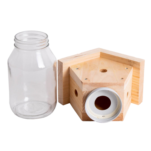 Handcrafted pine wood and glass outdoor trap designed to attract and capture carpenter bees, part of farm, garden & tool, pest control, and Amish made collections, USA made.
