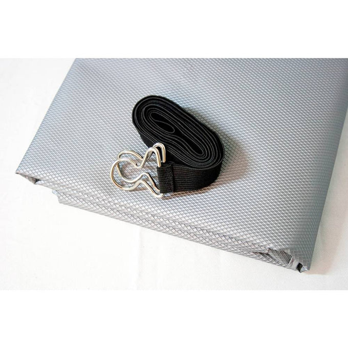 Close-up of a folded gray textured cover fabric paired with a durable black elastic strap and silver metal clasp, designed for outdoor unit protection in Home & Decor and Household Helpers collections.