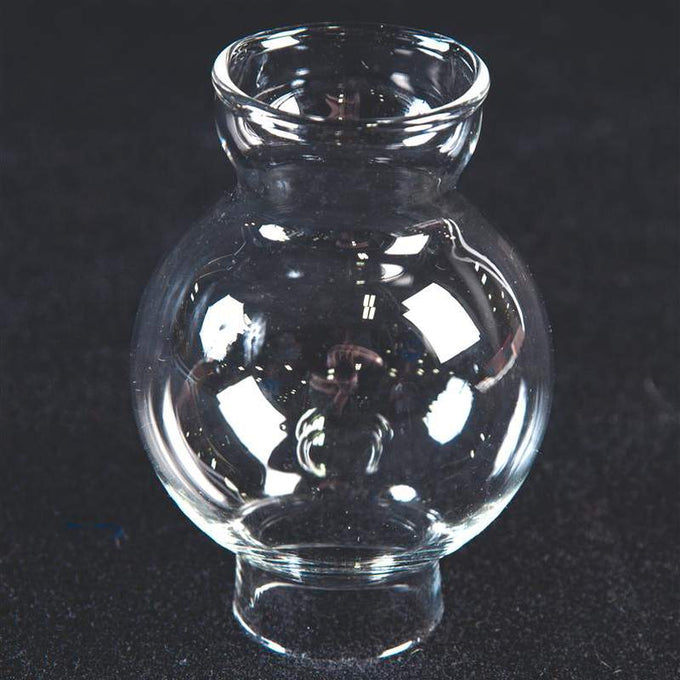 Clear handcrafted replacement glass chimney with rounded shape and flared top, designed for vintage oil lamps, featured in Lamps & Lighting, Parts and Accessories, and Chimneys and Globes collections.