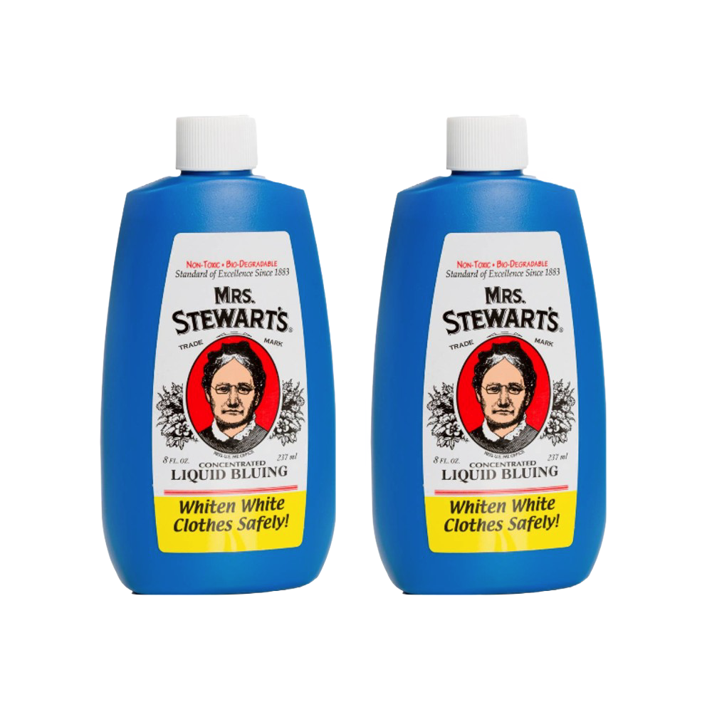 Two blue plastic bottles of Mrs. Stewart’s laundry bluing with white caps, featuring vintage-style labels that promote eco-friendly, non-toxic formula for safely whitening clothes, ideal for Home & Decor and Laundry Supplies collections.
