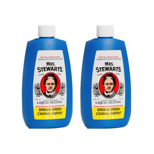 Two blue plastic bottles of Mrs. Stewart’s laundry bluing with white caps, featuring vintage-style labels that promote eco-friendly, non-toxic formula for safely whitening clothes, ideal for Home & Decor and Laundry Supplies collections.