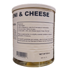 Close-up of a large metal can of uncooked macaroni and cheese with cooking instructions on the label, ideal for long-term pantry storage in Kitchen & Food and Pantry collections.