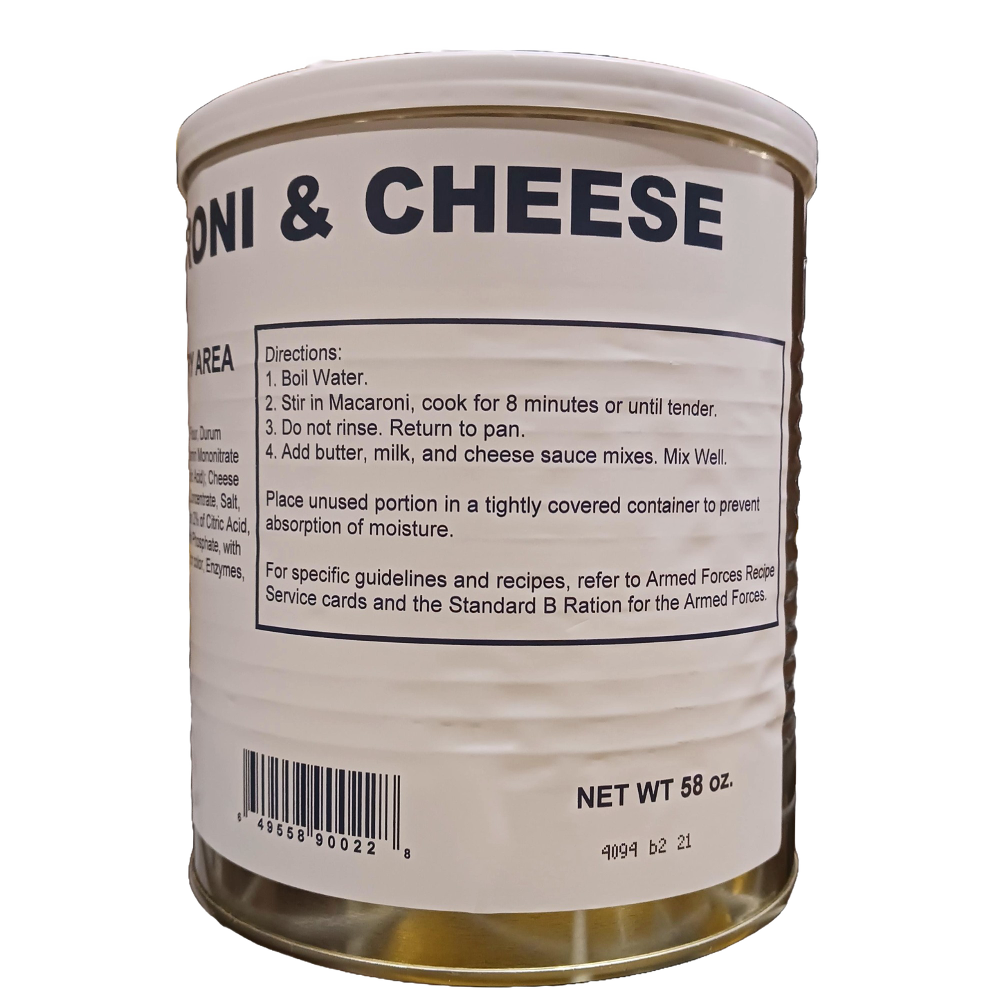 Close-up of a large metal can of uncooked macaroni and cheese with cooking instructions on the label, ideal for long-term pantry storage in Kitchen & Food and Pantry collections.