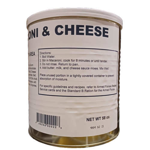 Close-up of a large metal can of uncooked macaroni and cheese with cooking instructions on the label, ideal for long-term pantry storage in Kitchen & Food and Pantry collections.