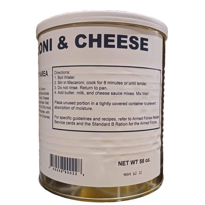 Close-up of a large metal can of uncooked macaroni and cheese with cooking instructions on the label, ideal for long-term pantry storage in Kitchen & Food and Pantry collections.