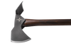 Pulaski axe with a hand-sharpened 1055 high carbon steel head featuring an axe blade and mattock, paired with a smooth dark wooden handle, ideal for farm, garden, and wood hauling tasks.