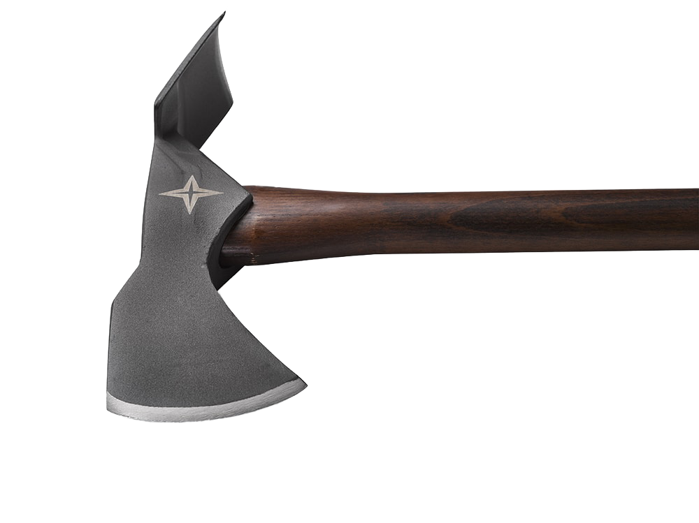 Pulaski axe with a hand-sharpened 1055 high carbon steel head featuring an axe blade and mattock, paired with a smooth dark wooden handle, ideal for farm, garden, and wood hauling tasks.