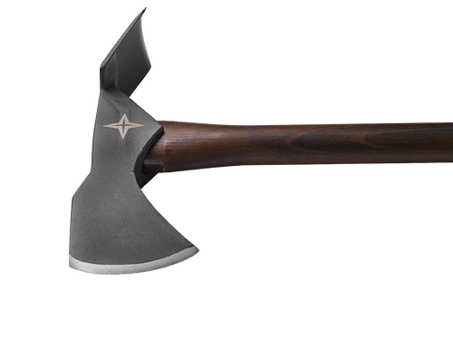 Pulaski axe with a hand-sharpened 1055 high carbon steel head featuring an axe blade and mattock, paired with a smooth dark wooden handle, ideal for farm, garden, and wood hauling tasks.