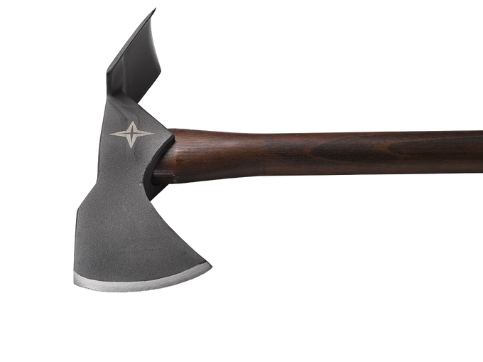 Pulaski axe with a hand-sharpened 1055 high carbon steel head featuring an axe blade and mattock, paired with a smooth dark wooden handle, ideal for farm, garden, and wood hauling tasks.
