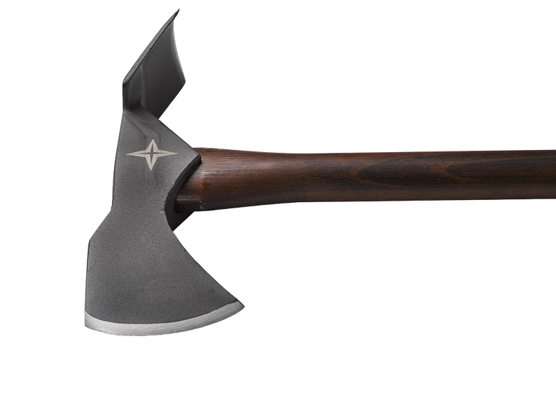 Pulaski axe with a hand-sharpened 1055 high carbon steel head featuring an axe blade and mattock, paired with a smooth dark wooden handle, ideal for farm, garden, and wood hauling tasks.